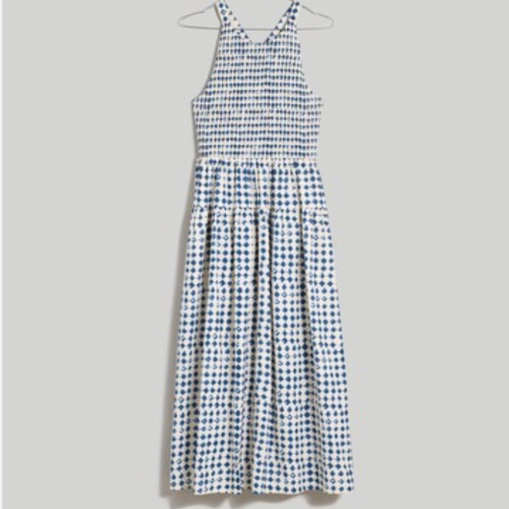 Madewell Sleeveless Geometric Print Midi Dress | Blue & Cream | Size Small
